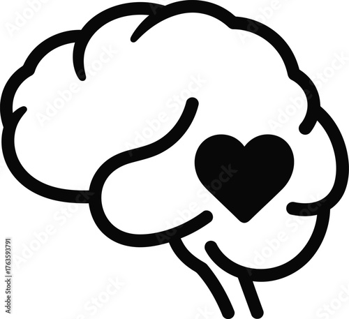 Black and white brain icon with heart symbol Outline vector illustration representing emotional intelligence and mental health