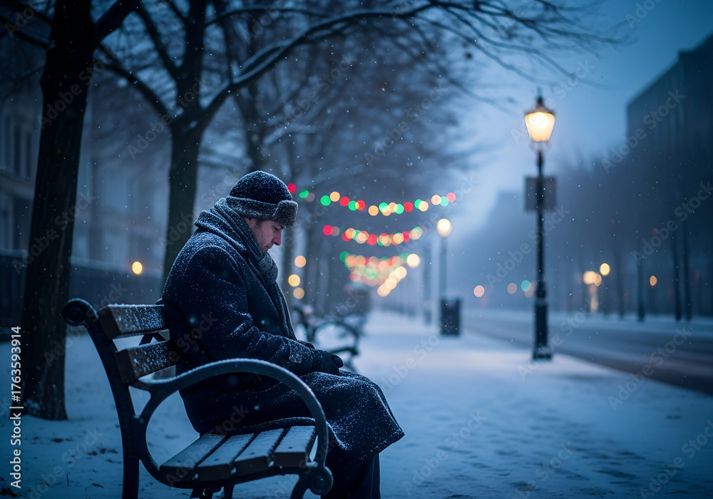 Obraz premium Man reflecting alone on Christmas Eve in snowy park