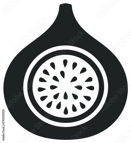Black and white fig fruit illustration.  Inside of the fruit is a cross-section with seeds.