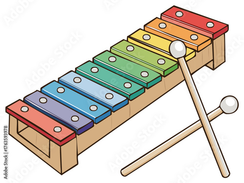 Colorful Cartoon Xylophone with Mallets Creates Musical Notes for Fun Playtime and Learning