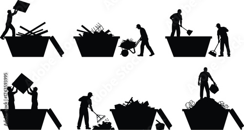 Silhouette vector illustration of workers managing dumpsters with waste disposal, wheelbarrows, shovels, teamwork, garbage collection, cleaning, recycling, sanitation, and industry