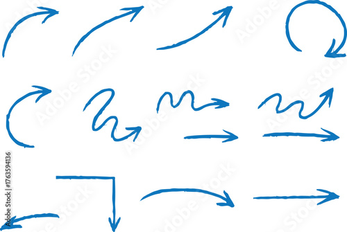 Blue pen arrow collection on checkered paper sheet. Hand drawn crayon various arrows, curved, wavy and straight lines. Direction pointers for notes, doodle and school design. Playful emphasis elements