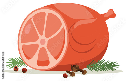 Festive Christmas ham with orange slice, cloves, and fir sprigs vector illustration