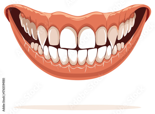 Wide open smiling mouth with many sharp teeth and prominent gums