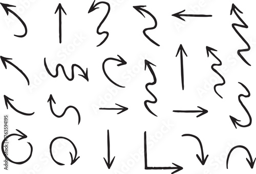 Blue pen arrow collection on checkered paper sheet. Hand drawn crayon various arrows, curved, wavy and straight lines. Direction pointers for notes, doodle and school design. Playful emphasis elements