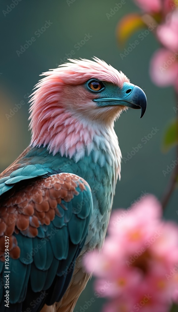 Obraz premium Close up profile shows vibrant pink, teal, and brown feathered eagle-like bird. Its orange eye gazes right intently. Blurred pink flowers beautifully frame unique avian animal in its natural setting.