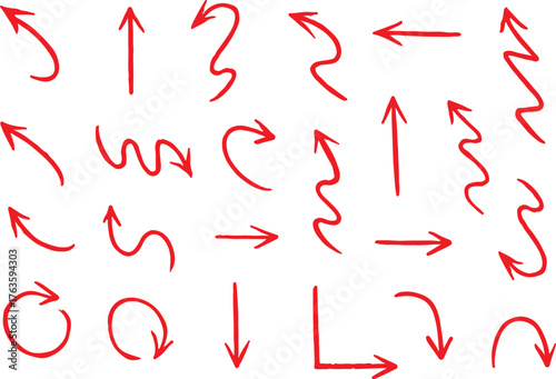 Blue pen arrow collection on checkered paper sheet. Hand drawn crayon various arrows, curved, wavy and straight lines. Direction pointers for notes, doodle and school design. Playful emphasis elements
