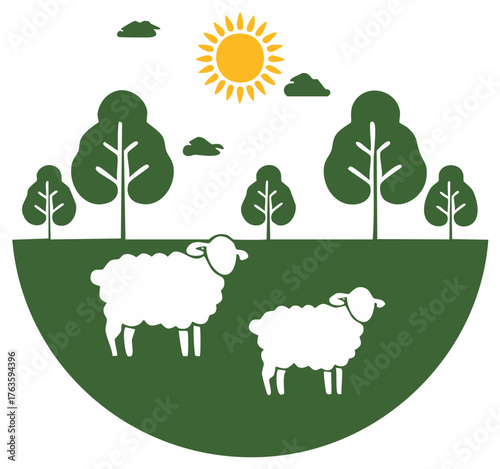 Cartoon illustration of sheep grazing on green grass with trees and the sun in the sky.
