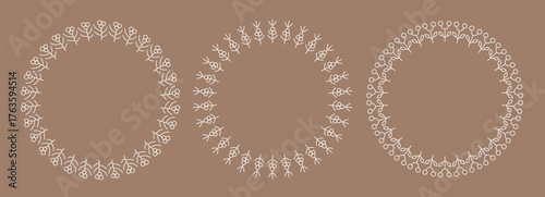 Scandinavian style winter Christmas botanical wreath with fir branch, berry. Round simple linear New year decorative frame