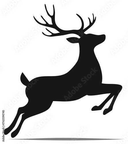 Graceful leaping stag with large antlers shown in a black silhouette vector graphic
