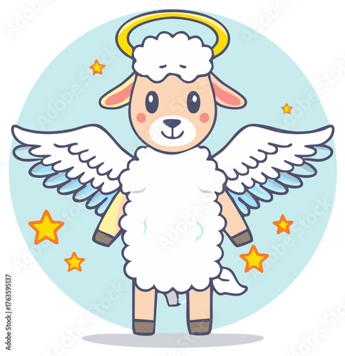 Cute Angel Sheep Cartoon Character with Wings and Halo