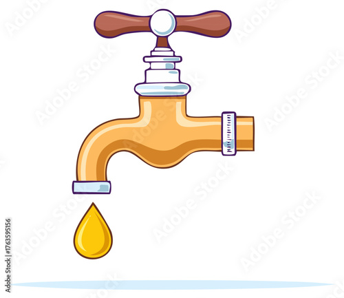 Vibrant golden cartoon faucet dripping a single precious yellow liquid drop illustration