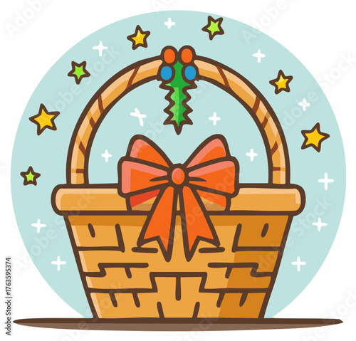 Cartoon illustration of a decorated gift basket with a bow and stars for celebration.