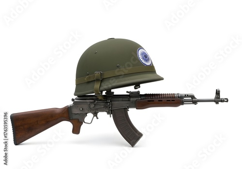 Indian Military Rifle and Helmet Still Life Photography: A Study in Olive Green and Wood