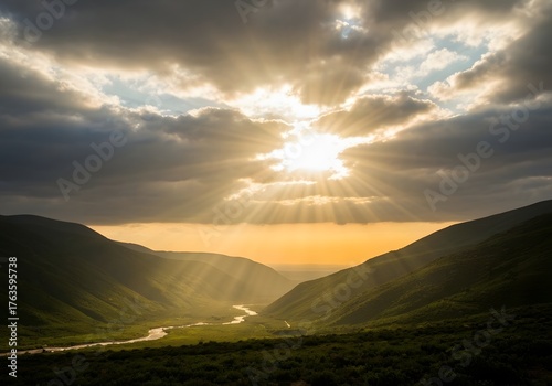 Majestic Mountain Valley Sunset: Golden Rays Illuminate Serene Landscape