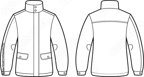 Jacket technical sketch, front and back view, fashion flat drawing, vector garment template, high collar design, apparel illustration