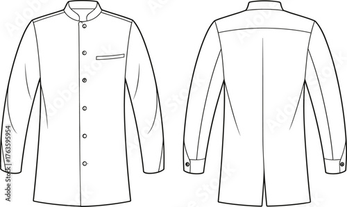 Men's shirt technical flat, mandarin collar design, front and back view, long sleeve, fashion sketch, garment construction, tailoring template