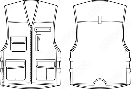 Utility vest technical flat, front and back view, zipper closure, flap pockets, strap detail, garment construction sketch, fashion design