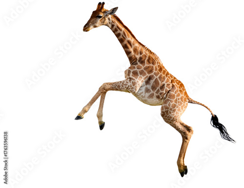 Jumping giraffe isolated on transparent background in mid-air motion