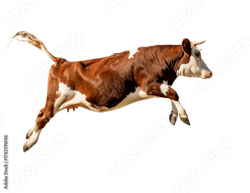 Jumping cow isolated on transparent background in mid-air motion