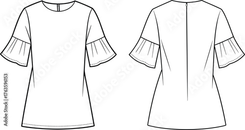 Women's blouse technical flat, fashion sketch front back, ruffle sleeve design, garment construction, pattern making, apparel template, vector illustration