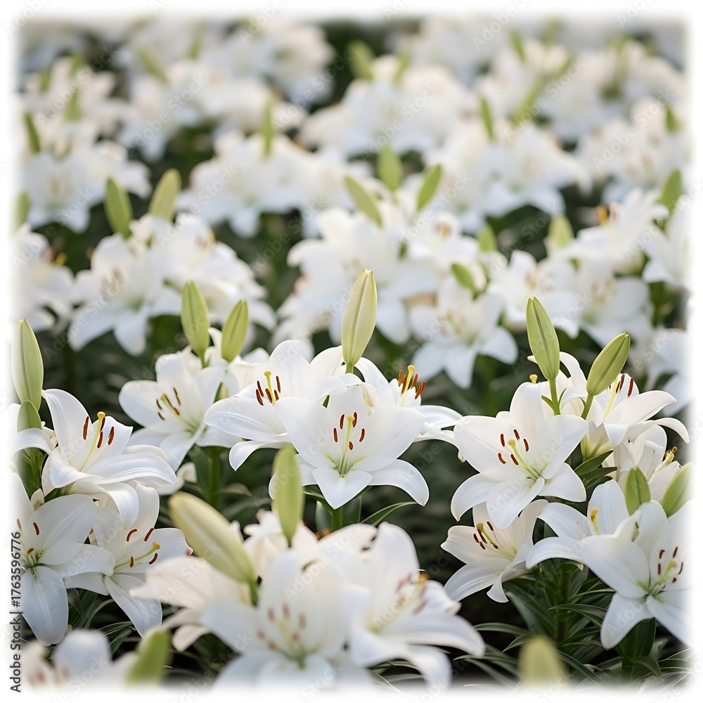 Obraz premium Elegant White Lilies in Full Bloom - A Serene Floral Display.