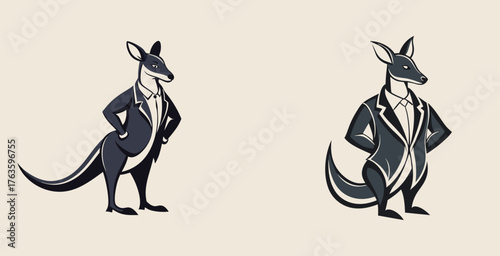 Trendy Elegant sharp confident kangaroo with business suit logo vector art design illustration
