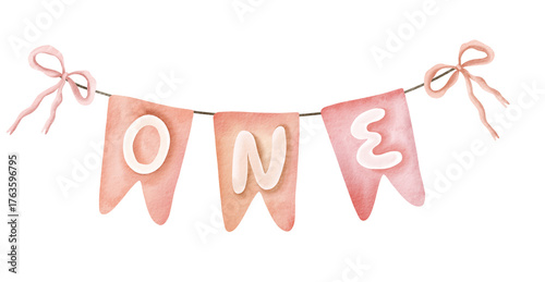 Cute Pink Watercolor One Banner for Baby Girl First Birthday Party Decoration. Hand drawn Illustration
