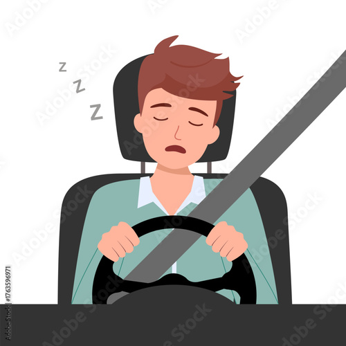 Tired driver to sleep behind the wheel. Sleeping driver, emergency dangerous situation on the road. Unwell, sick car driver. Vector illustration, flat design cartoon style.