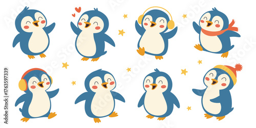 Cute penguins vector set, funny winter characters. Isolated on white background.
