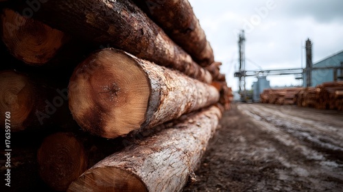 A close up view of a large stack of raw felled timber logs in a yard with a blurred industrial sawmill facility in the background under an overcast