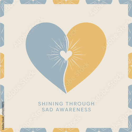 Dual color heart illustration, empathy awareness theme, compassion support, healing journey, gentle texture background, charity campaign, modern vector