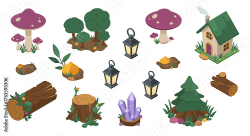 Enchanting forest elements collection with mushrooms, trees, lanterns, and nature symbols