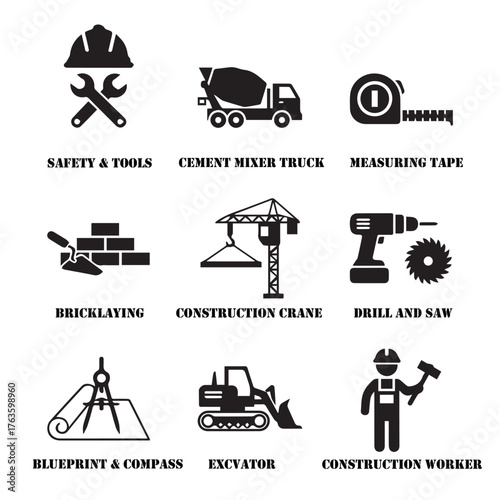 Black Vector Icons for Construction, Building, and Engineering
