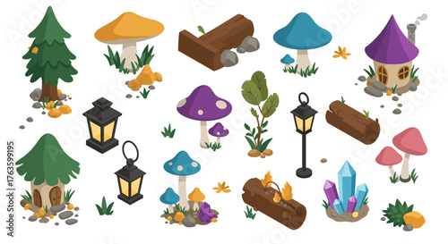 Enchanted forest elements with mushrooms and fairy houses in isometric style
