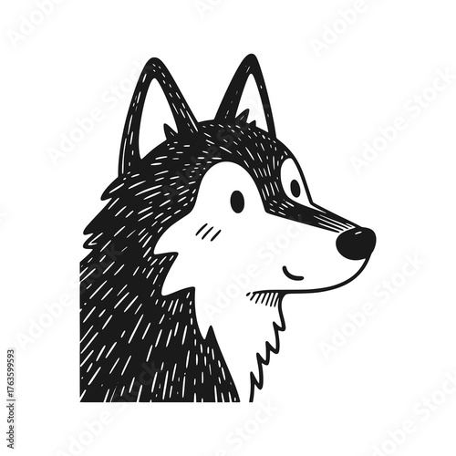 Cute husky dog. Black white vector illustration.