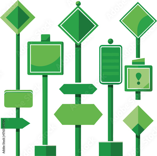 Collection of green directional and informational signs