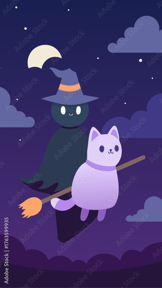 Naklejka premium Cute witch and cat flying on a broomstick at night
