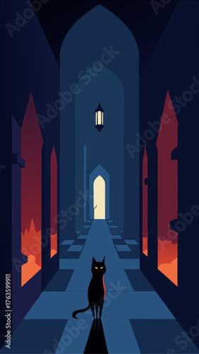 Mysterious black cat in a dark gothic hallway with fiery glow