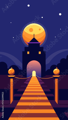 Mysterious castle entrance under a large full moon at night