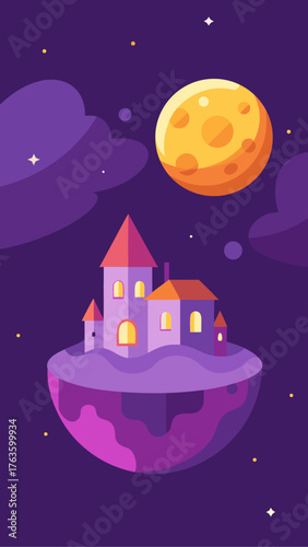 Fantasy castle on a floating island under a large moon and starry sky