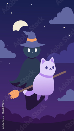 Cute witch and cat flying on a broomstick at night