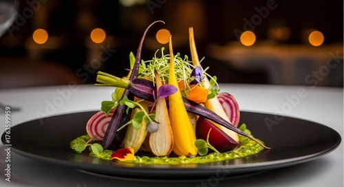 An elegant gourmet vegan dish. Artistically plated heirloom carrots, colorful vegetables, and microgreens on a black plate. A sophisticated appetizer for a fine dining restaurant menu.