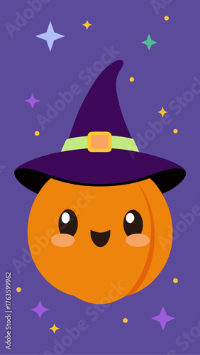 Cute kawaii pumpkin witch hat character with stars