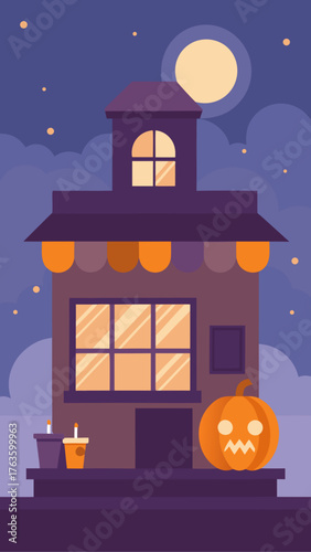 Spooky halloween house with jack o lantern and full moon