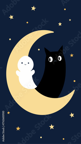 Cute black cat and ghost sitting on a crescent moon under starry night sky