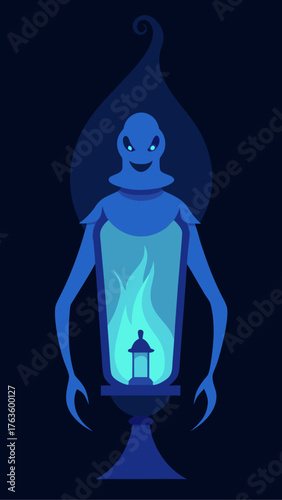 Mysterious blue ghost lantern with glowing eyes and fire