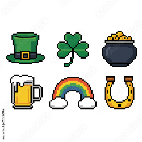 Pixel art Saint Patricks day icons set vector, leprechaun hat, shamrock, pot of gold, beer mug, rainbow, horseshoe