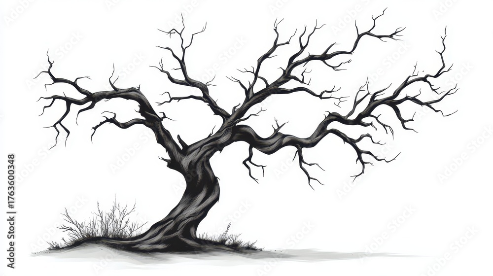 Fototapeta premium Sketched vector of a dead leafless tree with twisted branches on a white background