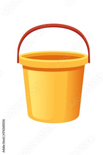 Yellow plastic bucket with red handle. Bright sunny container for cleaning and household needs. Cheerful colorful design for home and garden maintenance. Vector illustration isolated on white